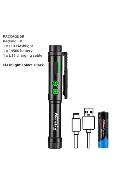 Choice مصباح قلم صغير أسود 2 في 1 عالي السطوع بتقنية COB، قابل لإعادة الشحن عبر منفذ USB، محمول للاستخدام الليلي والطوارئ، يعمل ببطارية 14500.