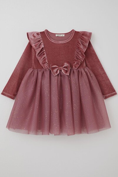 Breeze Kız Çocuk Uzun Kollu Kadife Elbise Fiyonk Aksesuarlı Tülü Detaylı 3-8 Yaş, Gülkurusu