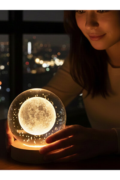 moryconcept Dolunay Tasarımlı Işıklı Cam Küre Gece Lambası USB Kablolu Ahşap ...