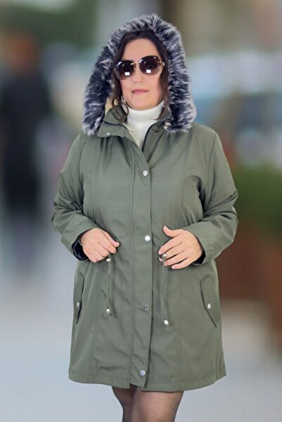 yagmurberen Removable Ka Hooded Large Size Bonded Fabric Winter Coat with Complete Fur Inside