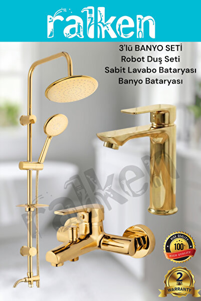 RALKEN 3'lü Gold (Altın) Banyo Seti; Robot Duş Seti, Banyo Bataryası ve Lavab...