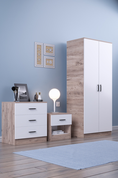 Gubimo Abeet 2 Kapılı Geniş Gardırop Komodin 3 Çekmeceli Şifonyer Takım / Atlantik Çam - Beyaz