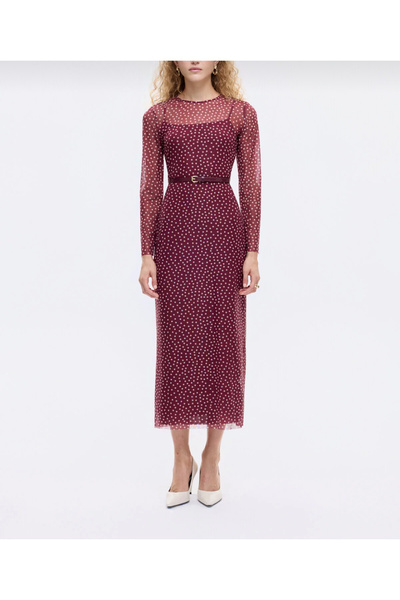 Quzu Puantiyeli Kemer Detaylı Mürdüm Elbise