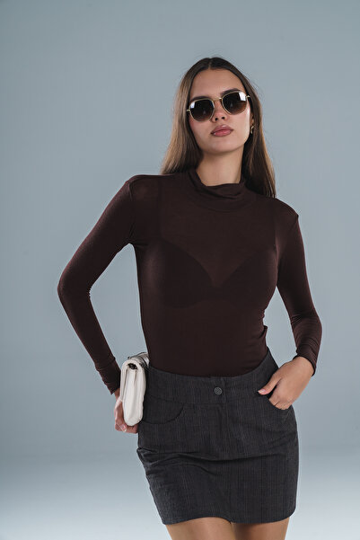 Paw Garage بلوزة نسائية ياقة مرتفعة متوسطة الطول من القماش الشفاف