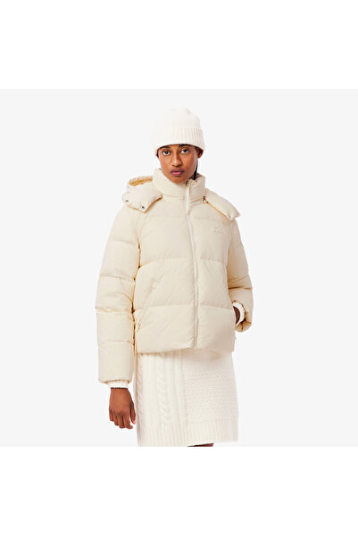 Lacoste Kadın Relaxed Fit Kapüşonlu Krem Şişme Mont