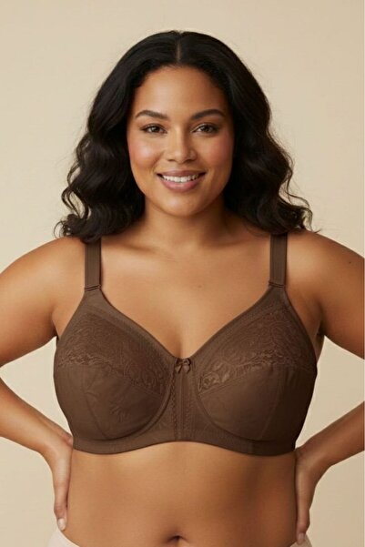 enmodaiçgiyim Brown Plus Size D Cup Patterned Lace Sponge-Free Wire-Free Shap...
