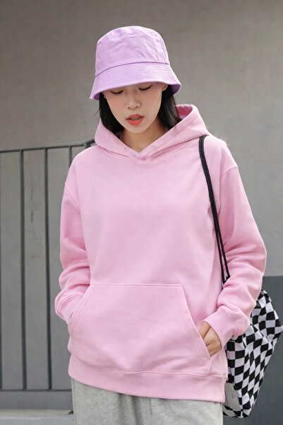 DEEPSENCE Women's Pink Solid Hooded Oversized Sweatshirt