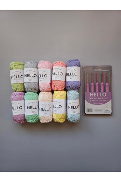 Hello 10 قطع من الخيوط القطنية بألوان الباستيل 50 جرام + مجموعة الكروشيه