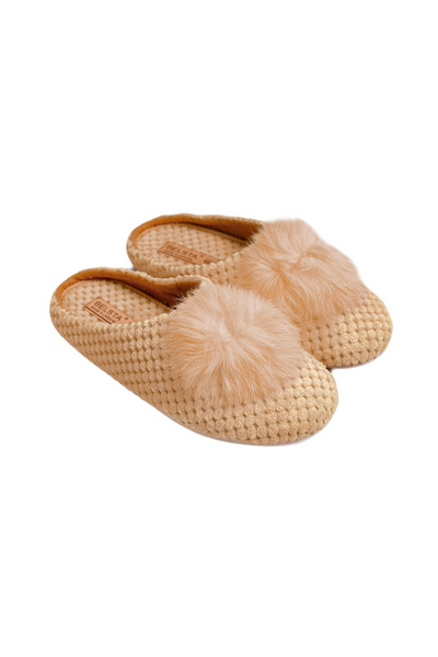 Belsta Papuci de casă din textil bej cu blană naturală, marimea 38