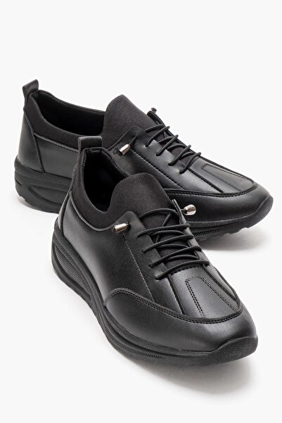 CCWAY AYAKKABI Women's Lace-Up Zippered Sneakers; Black Leather