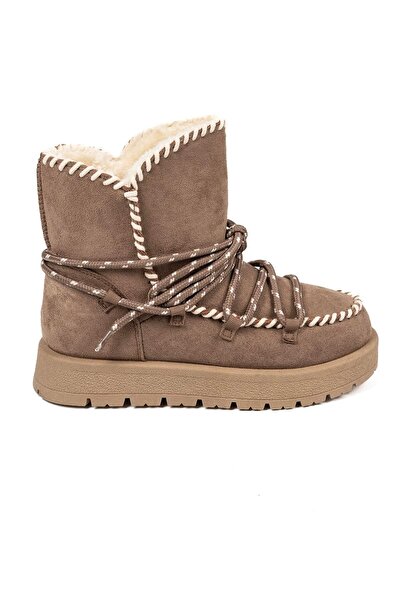 VİVENS MODA Women's Brown Suede Fur Lined Lace-Up Winter Casual Boots