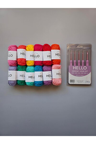 Hello 10 قطع من الخيوط القطنية بألوان الباستيل 25 جرام + مجموعة الكروشيه