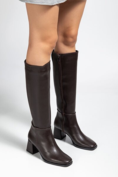 İnfon Ayakkabı Marketi Women's Boots4804 Brown Leather Zippered Daily Boots