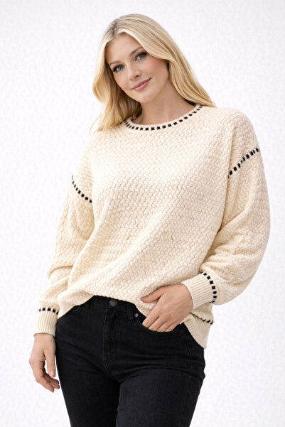 Sibel Günay Butik سترة تريكو فضفاضة للنساء بلون كريمي أسود تفاصيل مخططة