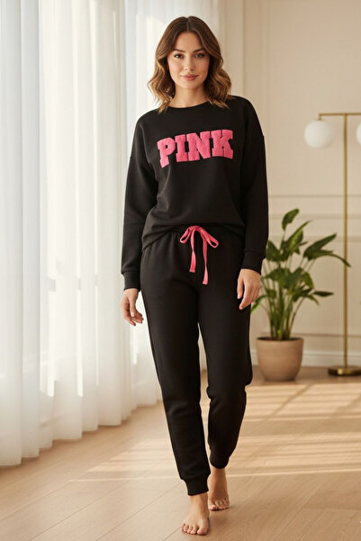 İPEKTENİM Pink Yazı Baskılı Pembe Kordonlu Manşetli Eşofman/Pijama Takımı