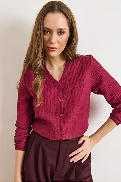 Olalook Women's Burgundy V-Neck Pleated Textured Shirt Gml-19001407