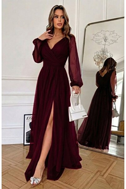 Zerenyus فستان نسائي طويل الأكمام بأزرار على الجهتين بياقة وحزام خصر من التول...