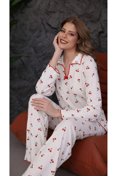 Arvin Pijama Γυναικείο σετ πιτζάμες με μακρυμάνικο βαμβακερό σετ πιτζάμες με μαλακή υφή με μοτίβο κόκκινου κερασιού