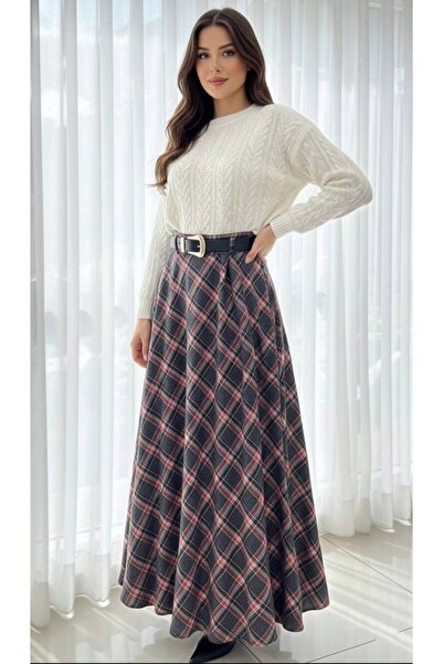 Enga Vera تنورة شتوية طويلة ذات نمط مربعات وسحاب جانبي عالي الخصر للنساء (موديل فضفاض مع بطانة)