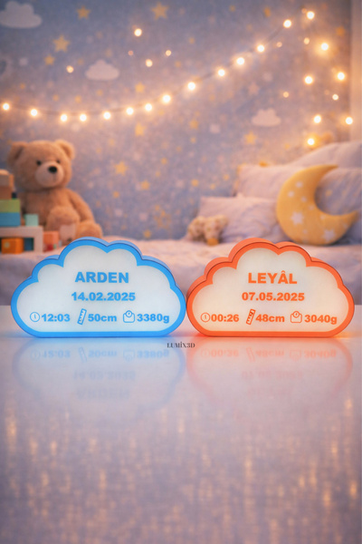 lumix3d Kişiye Özel Bulut Bebek Anı Lambası – İsimli & Doğum Bilgili LED Gece...