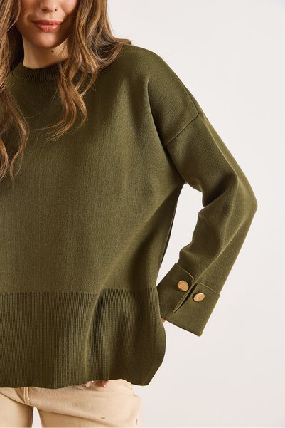 Olalook Women's Khaki Cuffed Slit Knitwear Sweater Kzk-19001110