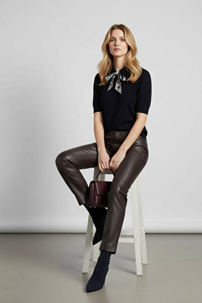 Vireo Club Women's Bitter Brown Scarf Detailed Short Sleeve Sweater