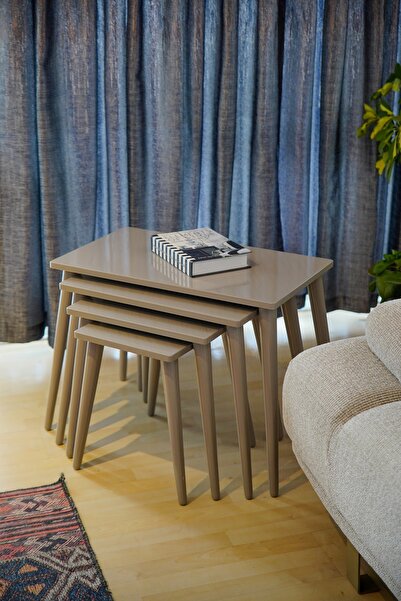 Luvimo 4lü Zigon Sehpa Cappuccino Gümüş Desenli Lüx Mdf Full Lake Boya Parlak...