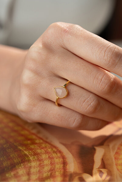 jingle bells Doğal Pembe Kuvars Damla Taşlı 925 Ayar Yüzük Altın Kaplama