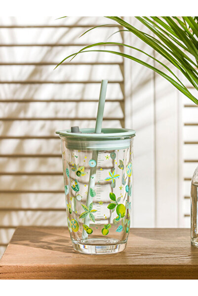 LC Waikiki Rmz Gi̇yi̇m Farkiyla Printed Glass Cup with Straw 350 ml