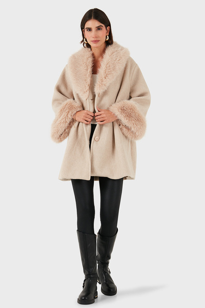 Via Dante Oversized Fit Shawl Collar Fur Detailed Lined Coat Coat 690852