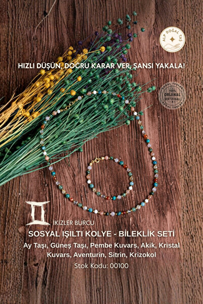 Alp Doğal Taş Sertifikalı Doğal Taş İkizler Burcu Kolye - Bileklik Seti