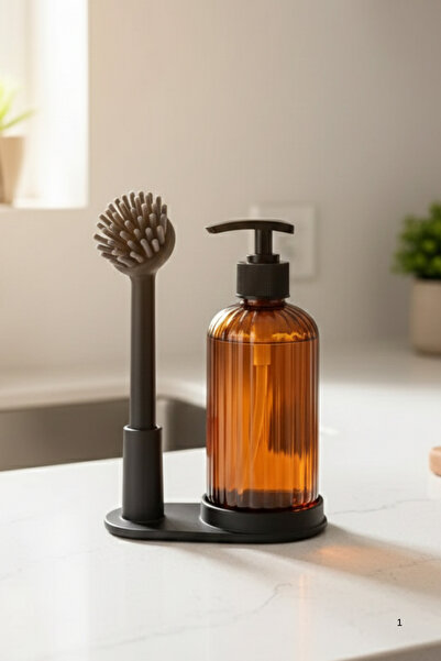 UFİX Liquid Soap Dispenser with Silicone Dish Brush and Stand - Detergent Dispenser 10X22 cm Aesthetic Design with Amber Bottle