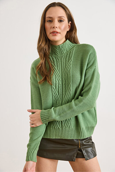 Olalook Women's Green Mock Neck Mid-Length Braided Knit Sweater Kzk-19000912