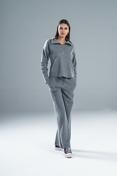 Paw Garage طقم نسائي من قماش سالونيك ياقة مرتفعة متوسطة الطول مكون من سروال بخياطة متقنة وسحاب نصفي