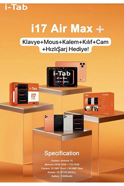 asfteknoloji İ-Tab İ17 AİR Max Full Set Tablet Klavye+Mouse+Kalem+Kılıf+Kırılmazcam+Hızlı Şarj Hepsi Bir Arada
