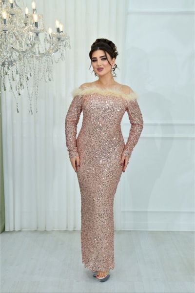 Matik Abiyem Feather Shoulder Detailed Sequin Evening Dress