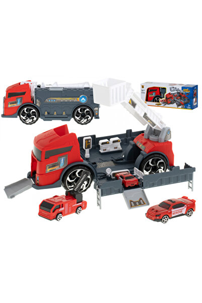 Ikonka Set Camion 2 in 1 cu remorcare Pompieri si 3 masinute incluse, Ikona Red
