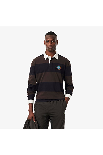 Lacoste Erkek Relaxed Fit Çizgili Kahverengi Rugby Polo