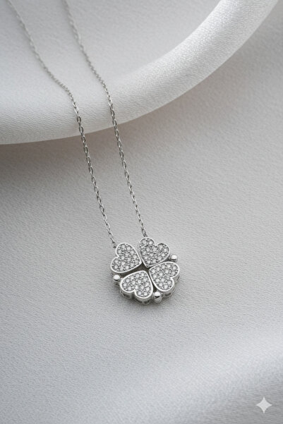 Two Arts Kadın 925 Ayar Gümüş Mıknatıslı Kalp Yonca Kolye | 925 Gümüş