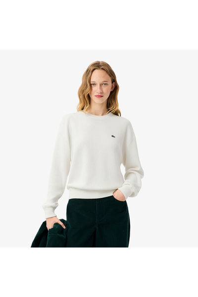 Lacoste Kadın Relaxed Fit Bisiklet Yaka Beyaz Kazak