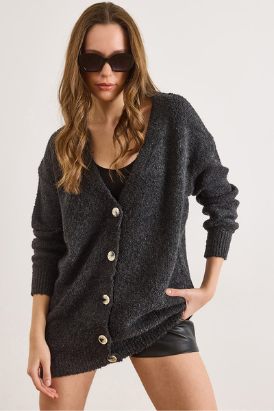 Olalook Women's Anthracite 5 Button Soft Textured Thick Long Cardigan Hrk-19000375