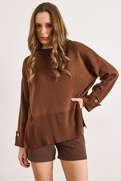 Olalook Women's Brown Sleeve Buttoned Slit Knitwear Sweater Kzk-19001110