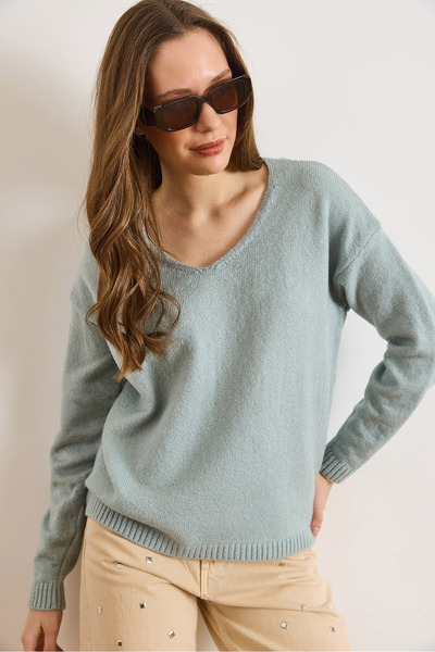 Olalook Pulover de tricotat cu textura moale, verde mentă, cu decolteu în V, pentru femei KZK-19000598