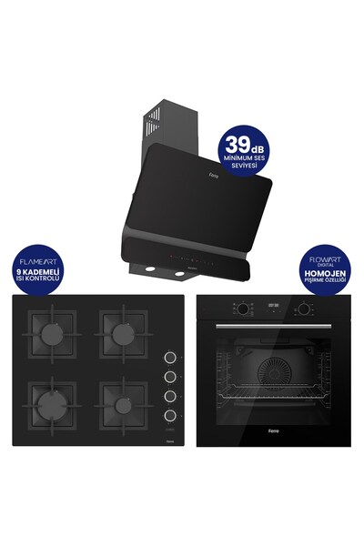 Ferre FlowArt Digital Siyah Cam Ankastre Set ( Kaymaz Döküm Izgara ) QBL63CS+...