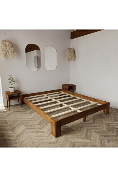 RENAZZO Soft Model Ceviz Renk Çam Ahşap Karyola Ve İki Komodin Set