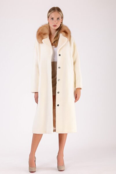 Leather Club Ekru Hakiki Deri Aksesuarlı Yün Kaban