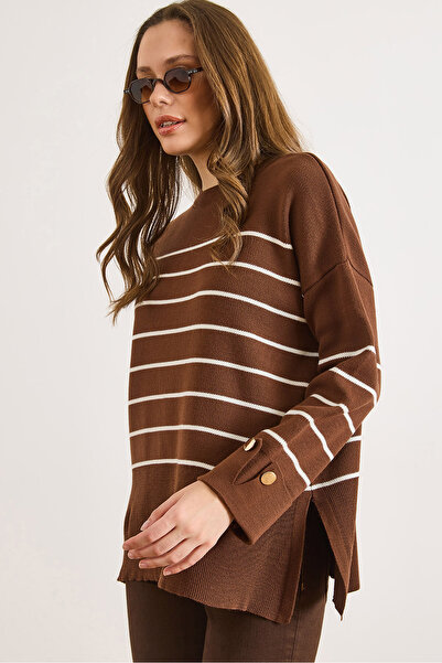 Olalook Women's Brown Cuffed Sleeves Striped Slit Knitwear Sweater Kzk-19001111