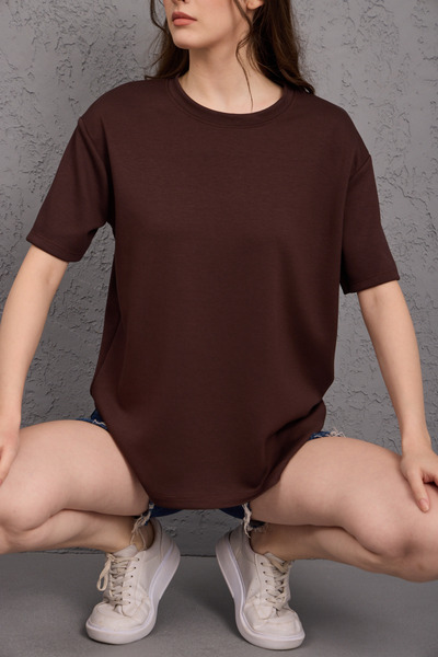 Moda Days Tricou maro pentru femei supradimensionat basic guler rotund cu mânecă scurtă, potrivire confortabilă