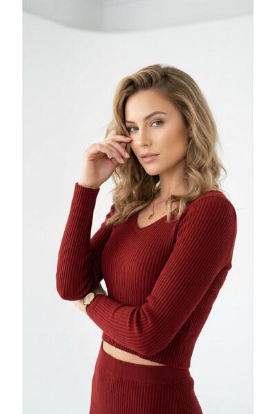 Lüks Kalite Açık Yaka Triko Crop Bordo