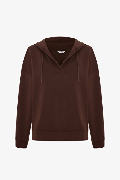 Penti Kahverengi V Yaka Oversize Kapüşonlu Sweatshirt